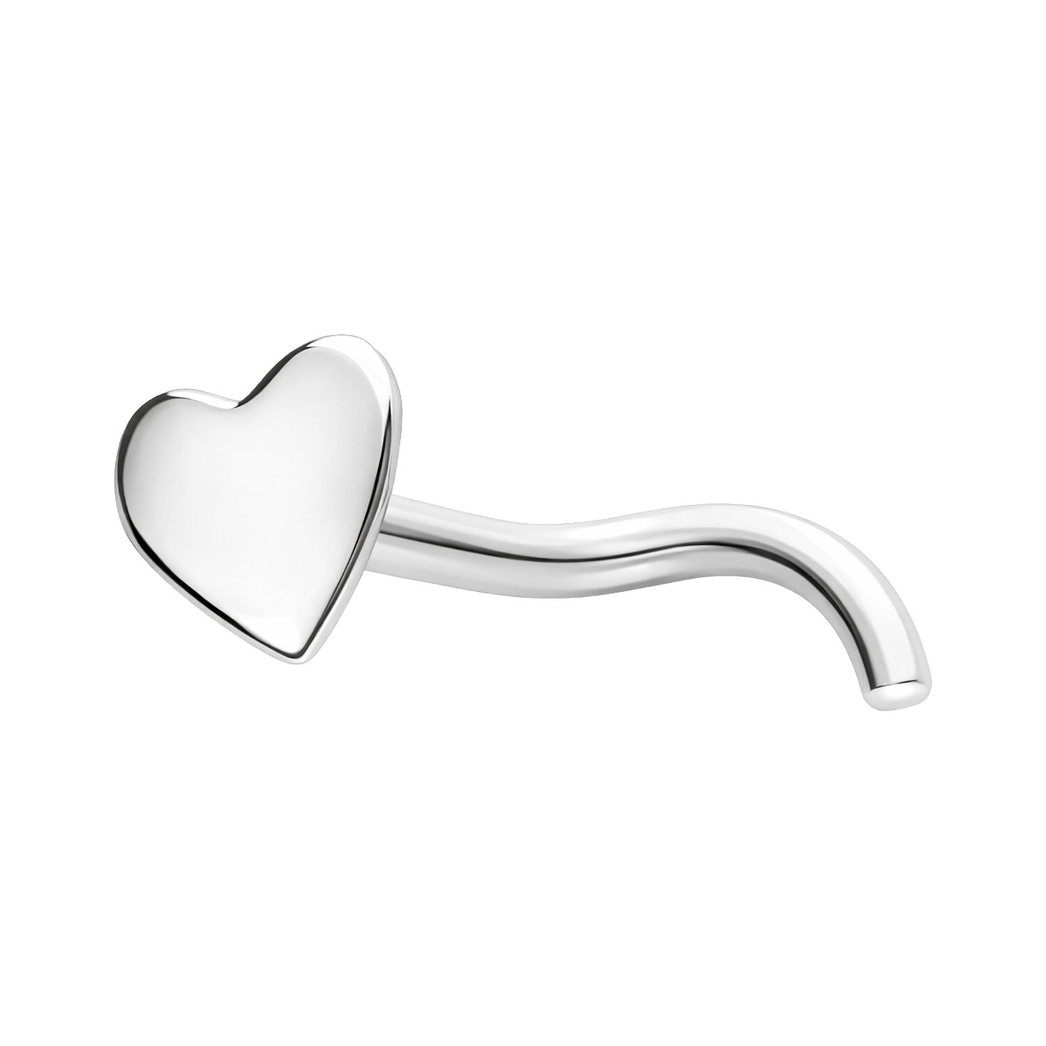 Piercing al naso a cuore in acciaio chirurgico argentato Piercing al naso a forma di cuore argentato con perno curvo su sfondo bianco