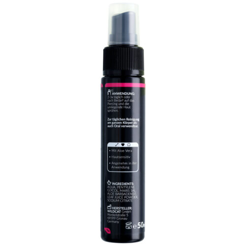 Spray per piercing nero con scritte bianche e rosa, flacone da 50 ml