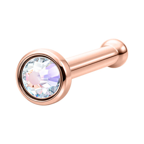 Piercing naso in oro rosa con cristallo Aurora Boreale su sfondo bianco