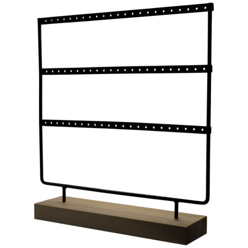 Display nero con tre file di fori su robusta base in legno