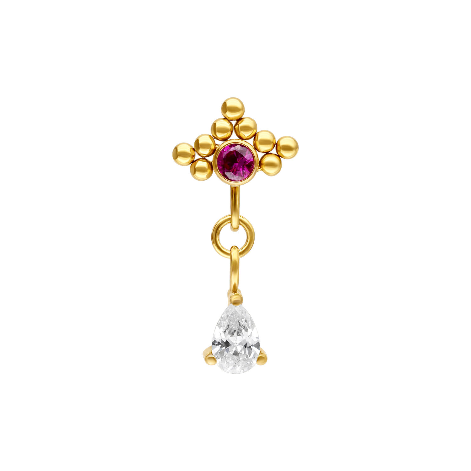 Punta per piercing dorata con pietra rosso rubino e ciondolo ovale su sfondo bianco