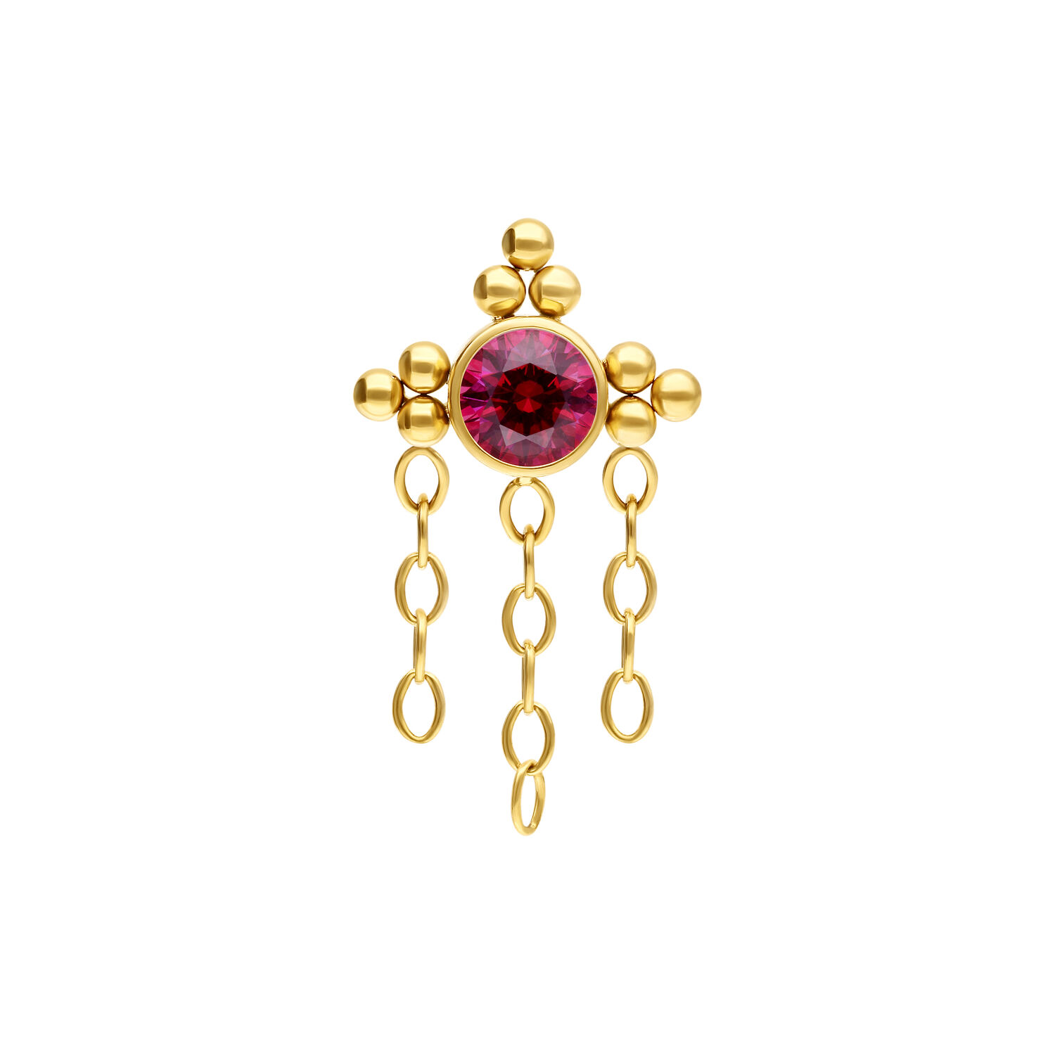 Accessorio per piercing dorato con cristallo rosso e catene su sfondo bianco