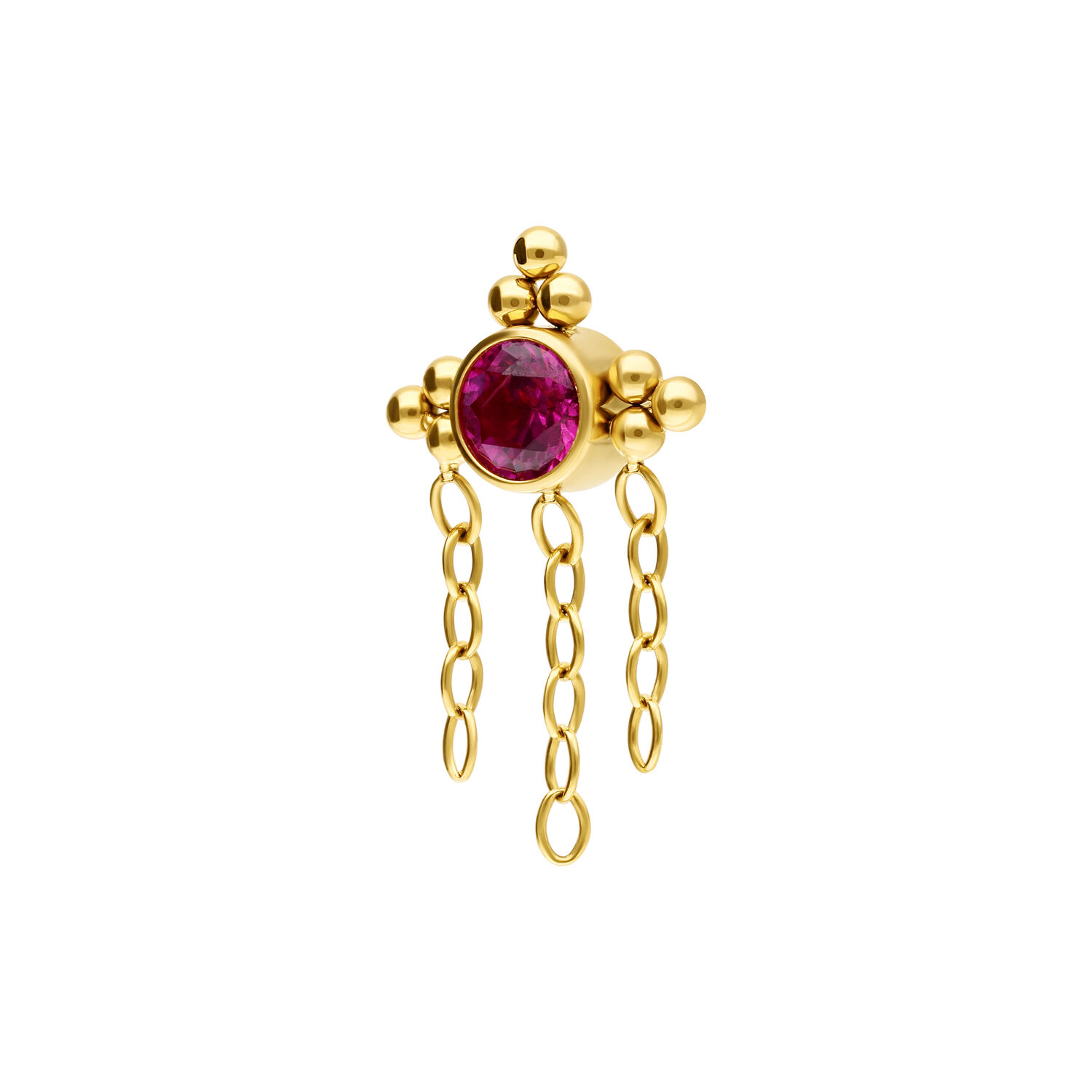 Inserto per piercing dorato con cristallo rubino e catene pendenti su sfondo bianco