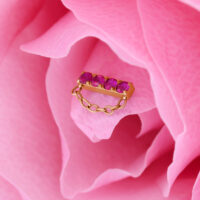 Inserto dorato con quattro rubini rossi e catena su petalo rosa