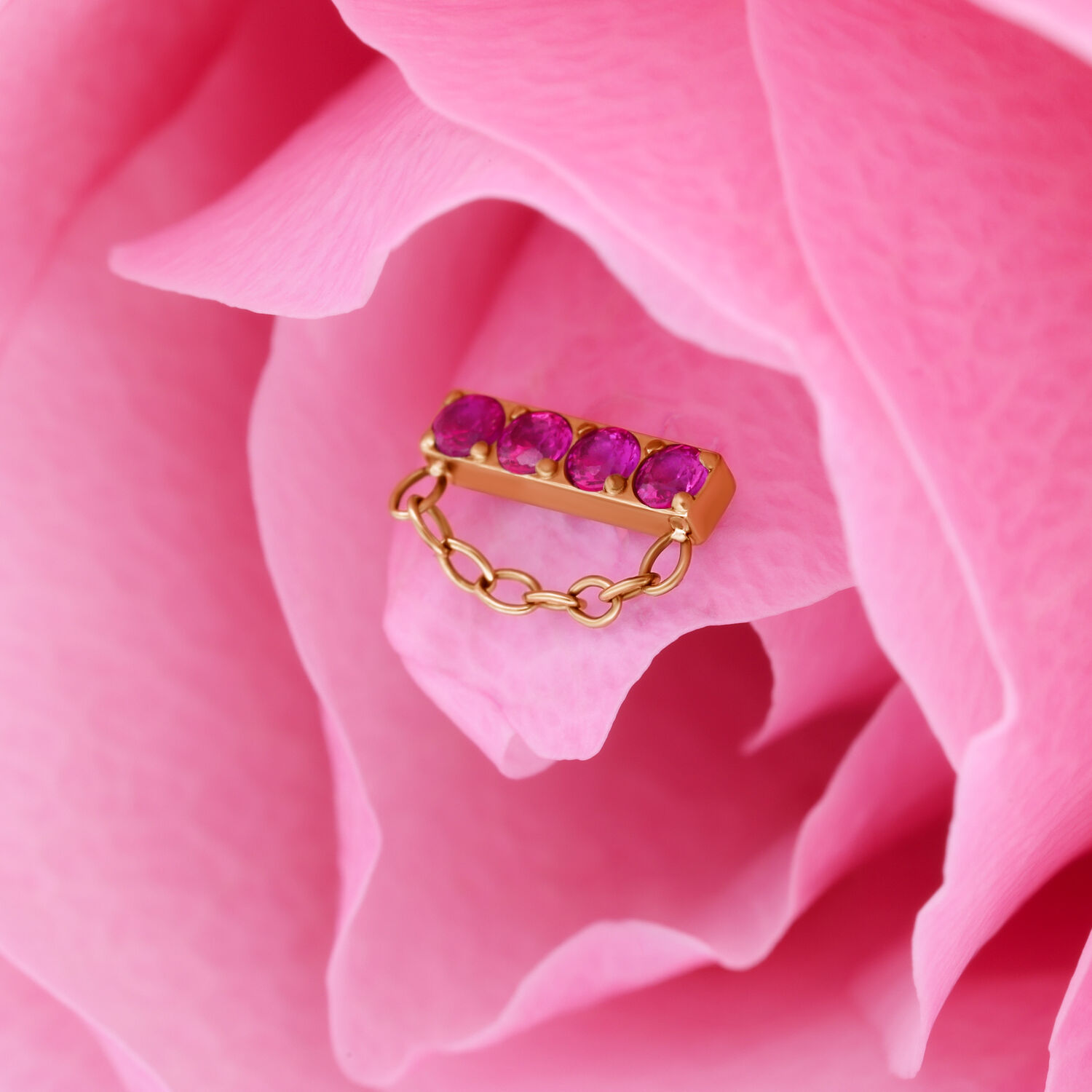 Inserto dorato con quattro rubini rossi e catena su petalo rosa