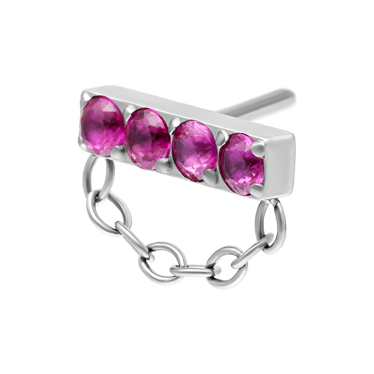 Inserto piercing argento con quattro pietre rosse e catena, fotografato di lato