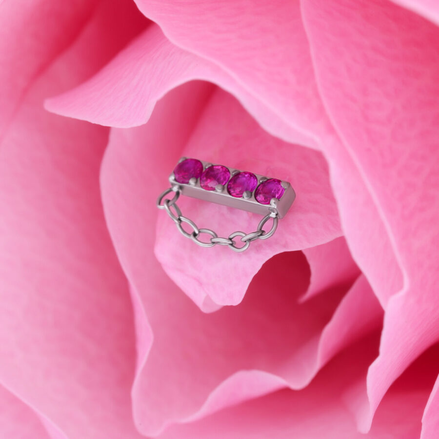 Inserto argento con quattro cristalli rossi e catena su petali rosa
