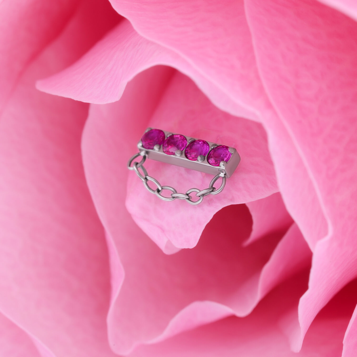 Inserto argento con quattro cristalli rossi e catena su petali rosa