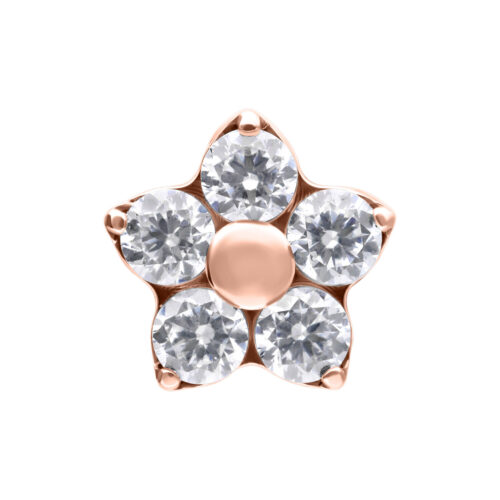 Punta a forma di stella in oro rosa con cinque cristalli chiari su sfondo bianco
