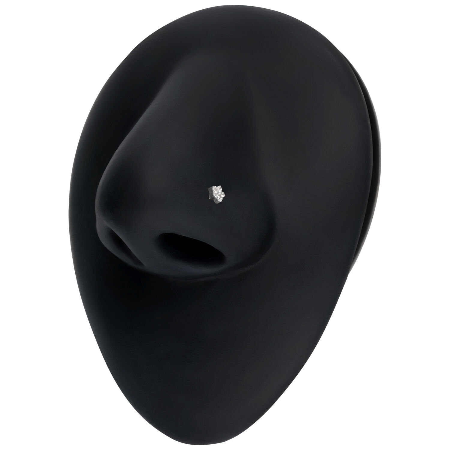 Argento Titanio Cristallo Piercing Accessorio in cristallo argento su modello di naso nero su sfondo bianco