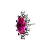Inserto piercing argento con cristallo rosso ovale, circondato da sfere argentate su sfondo bianco