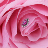 Inserto ovale argento con cristallo rosso su petalo rosa