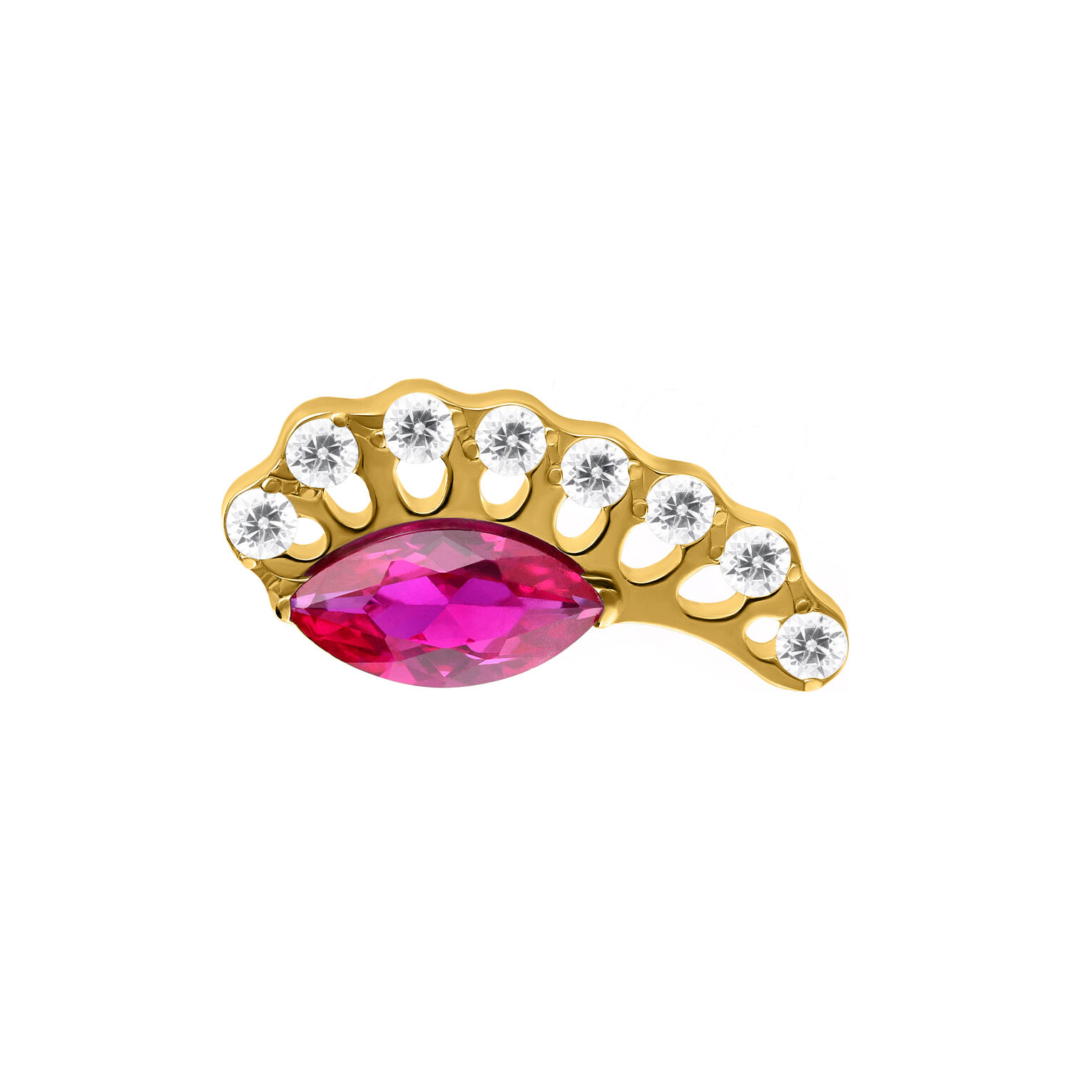 Inserto piercing dorato con pietra ovale rossa e cristalli chiari su sfondo bianco