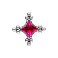 Accessorio argento con cristallo rubino e motivo a bolle su sfondo bianco