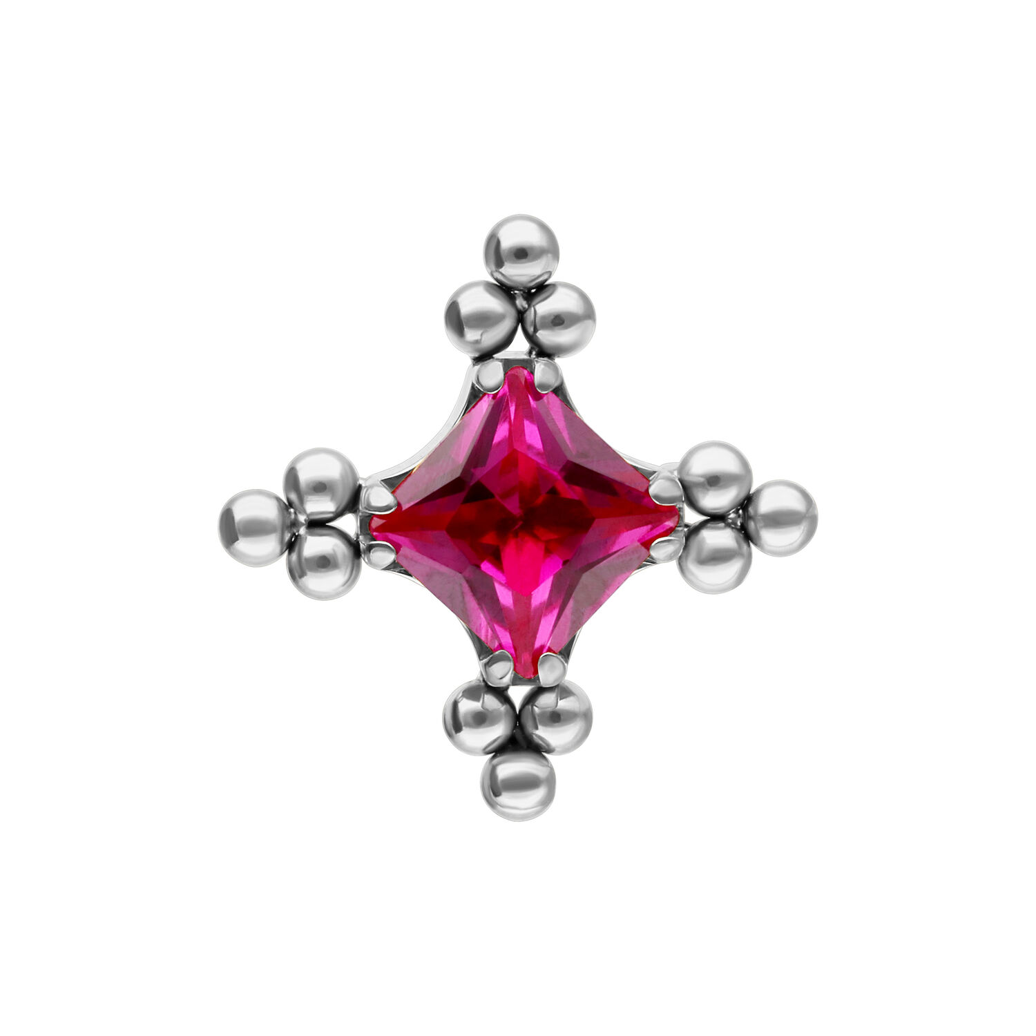 Accessorio argento con cristallo rubino e motivo a bolle su sfondo bianco