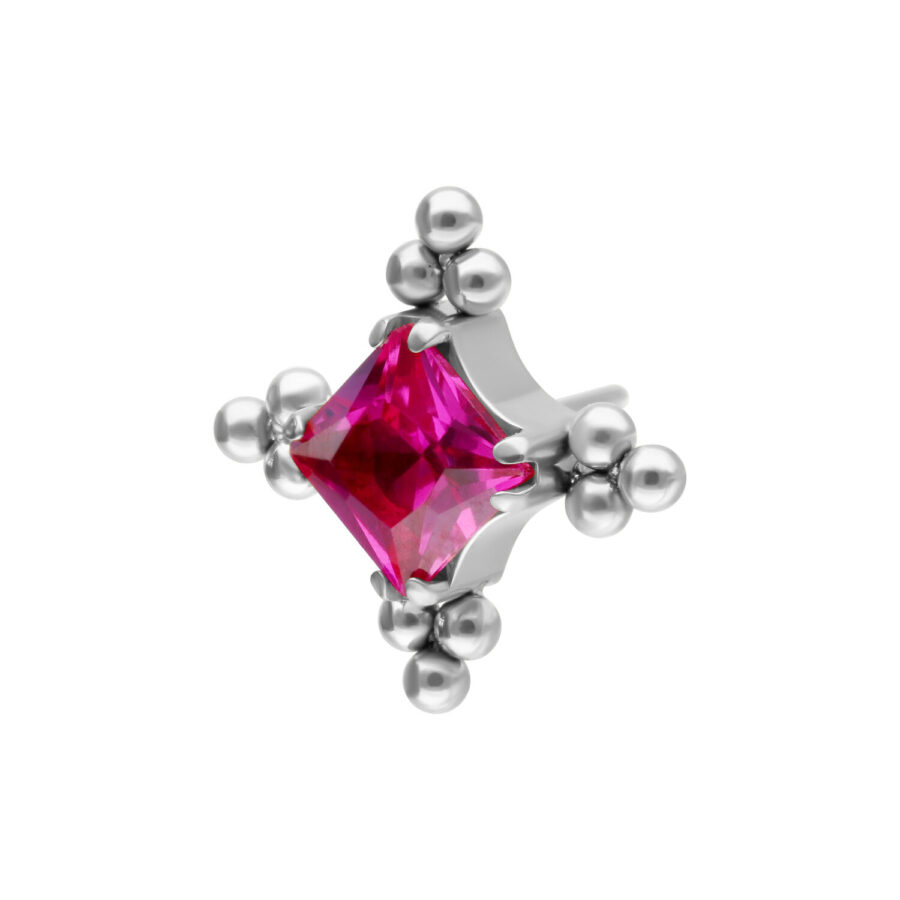 Attacco per piercing in argento con cristallo rosso quadrato e sfere argentate