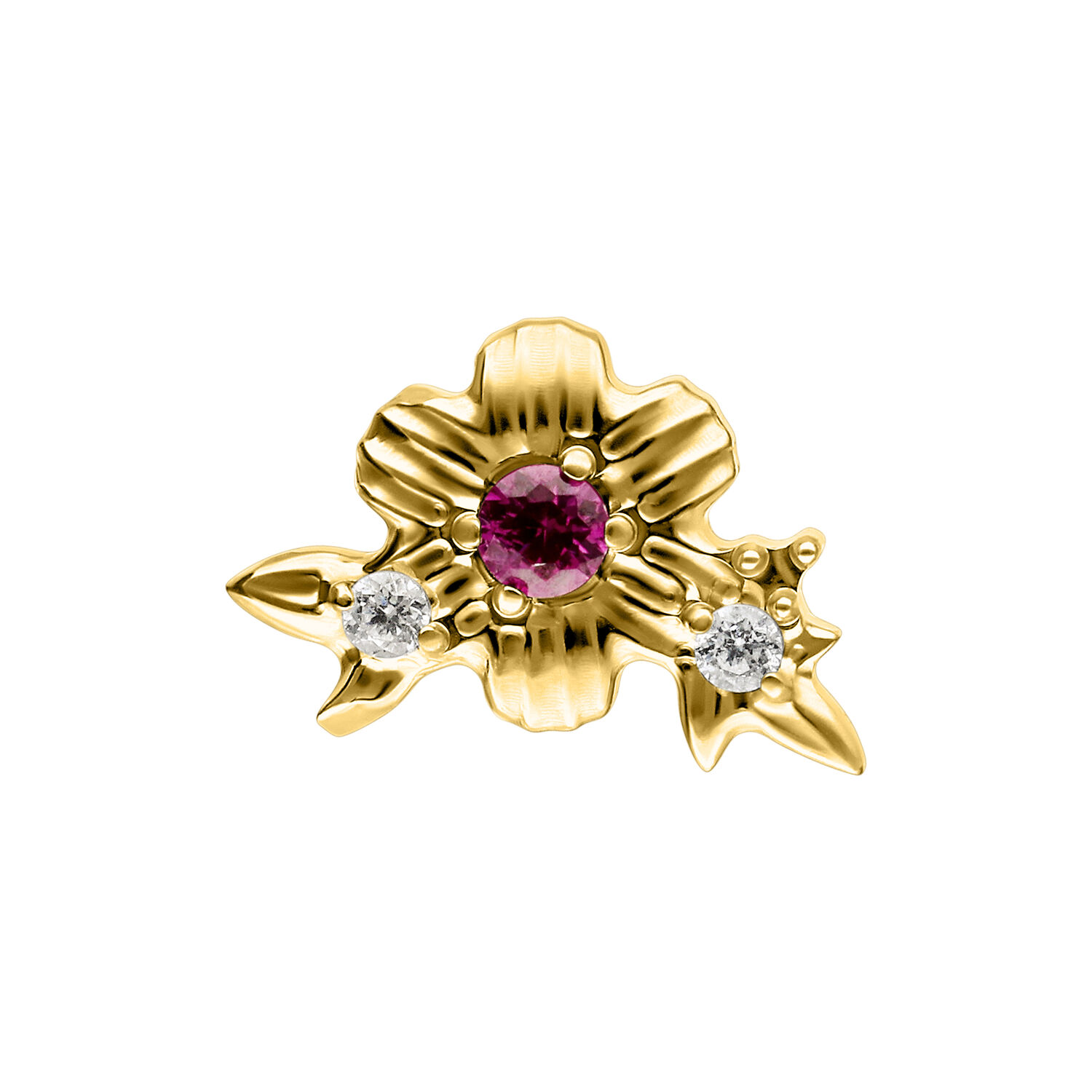 Punta per piercing botanica dorata con cristallo rosso e due cristalli chiari su sfondo bianco