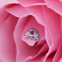 Punta piercing argento con rubino rosso, incastonato in petali rosa