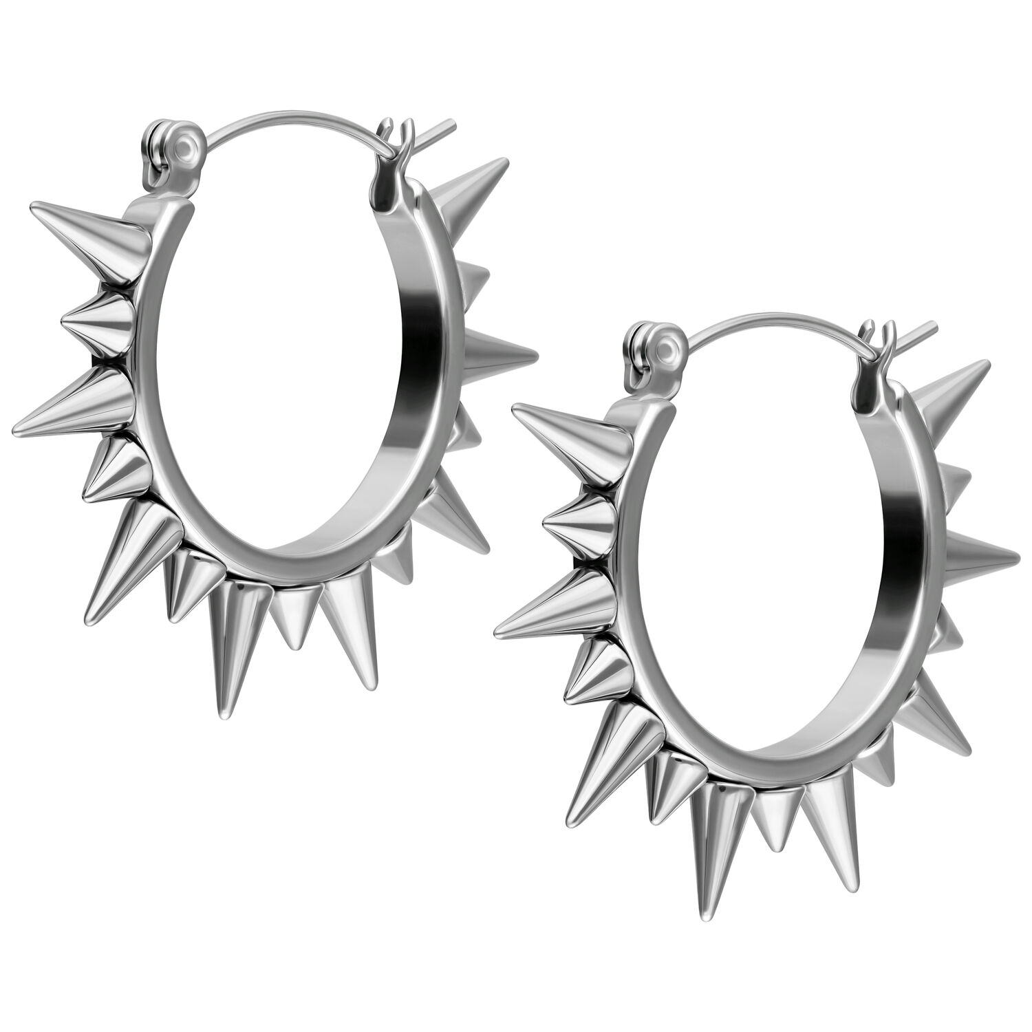 Coppia di orecchini a spillo in acciaio chirurgico argento con punte su sfondo bianco