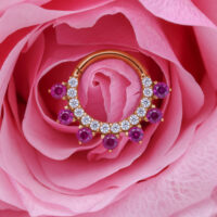 Anello piercing dorato con cristalli rossi e chiari, posizionato in un fiore rosa.