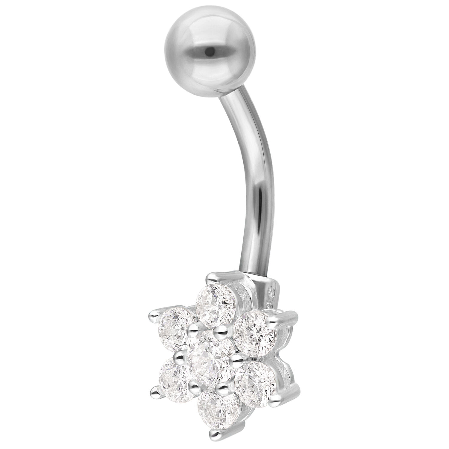 Banana Piercing Baby Flower in Argento Banana piercing in argento con fiore cristallino su sfondo bianco