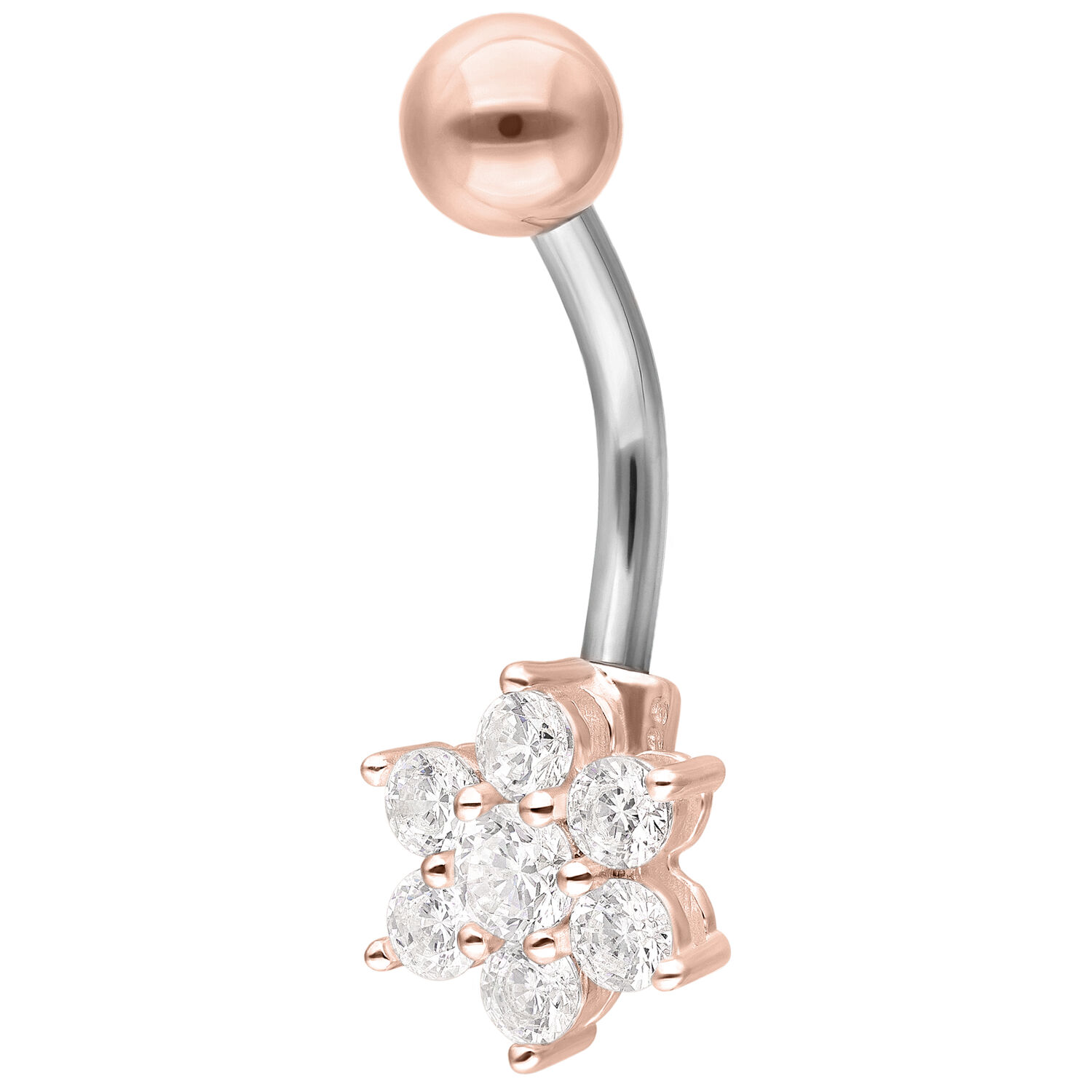 Piercing ombelico fiore oro rosa Bananabell oro rosa con motivo floreale e cristalli su sfondo bianco