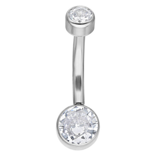Piercing Bananabell in argento con due cristalli chiari su sfondo bianco