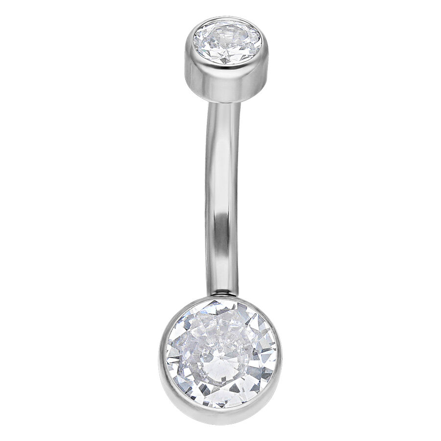 Piercing Bananabell in argento con due cristalli chiari su sfondo bianco