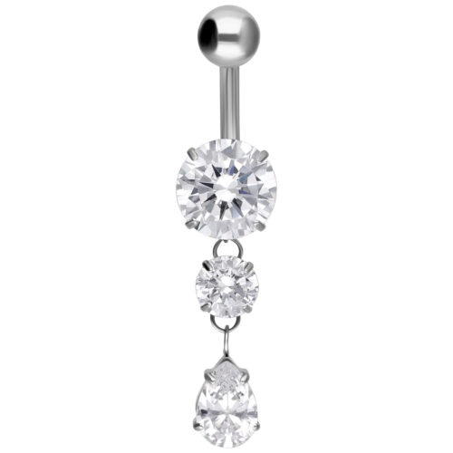 Piercing all'ombelico in argento con tre cristalli chiari su sfondo bianco