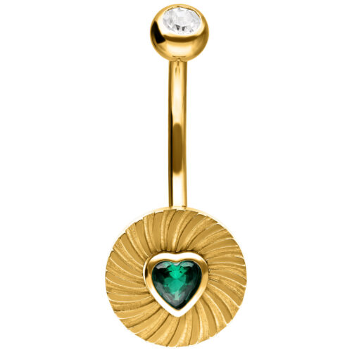 Banana bell d'oro con un cuore verde smeraldo e cristallo, su sfondo bianco