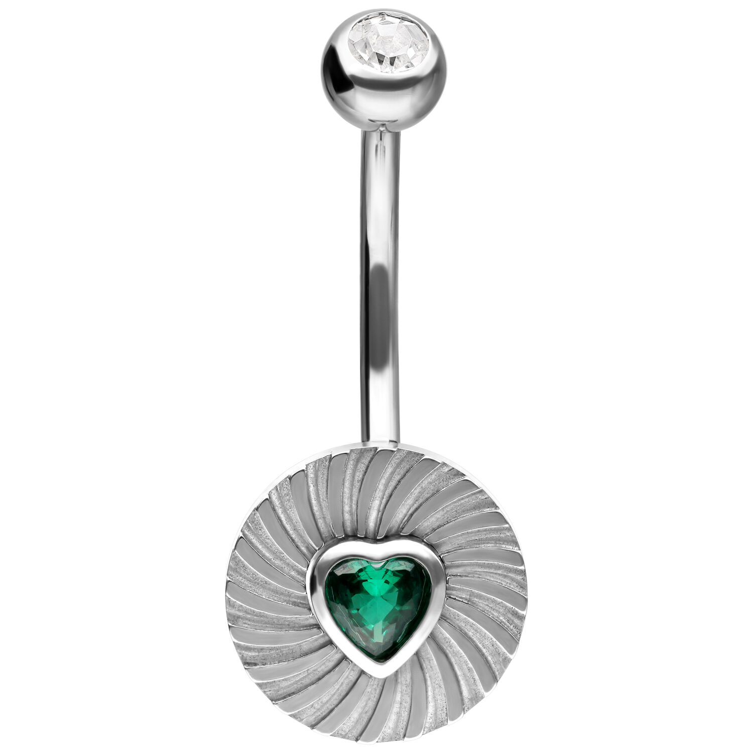 Bananabell in argento con design a cuore rigato e pietra verde smeraldo su sfondo bianco