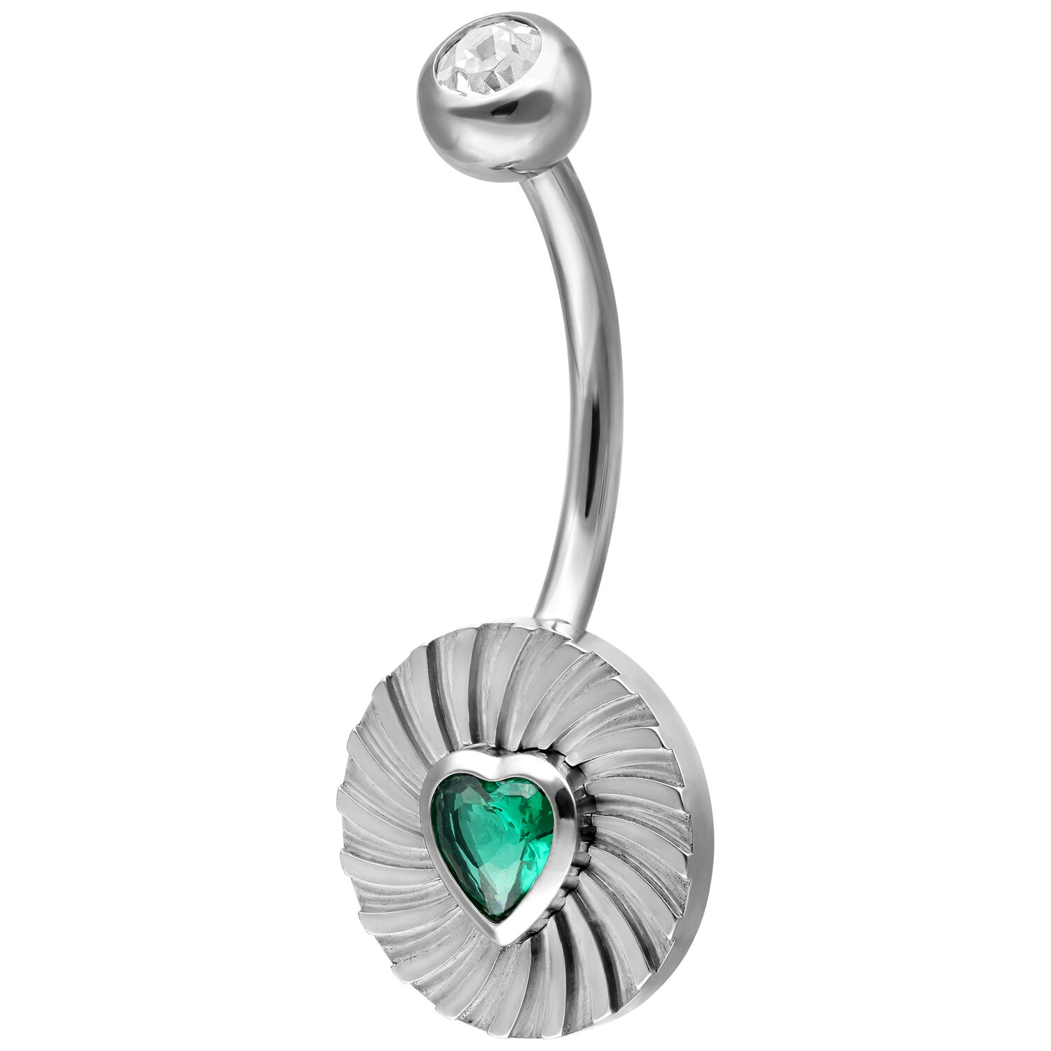 Banana bell in titanio argento con cuore verde smeraldo e cristallo chiaro su sfondo bianco