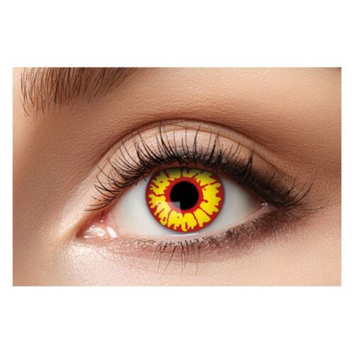Lenti a contatto Ork Eye giallo-nero su un occhio con carnagione naturale