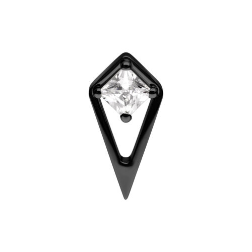 Accessorio nero a forma di goccia con cristallo chiaro su sfondo bianco