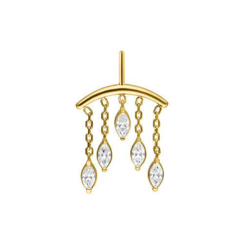 Inserto piercing dorato con cinque cristalli pendenti su sfondo bianco