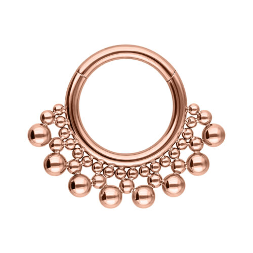 Septum Clicker in titanio oro rosa con design a sfera su sfondo bianco