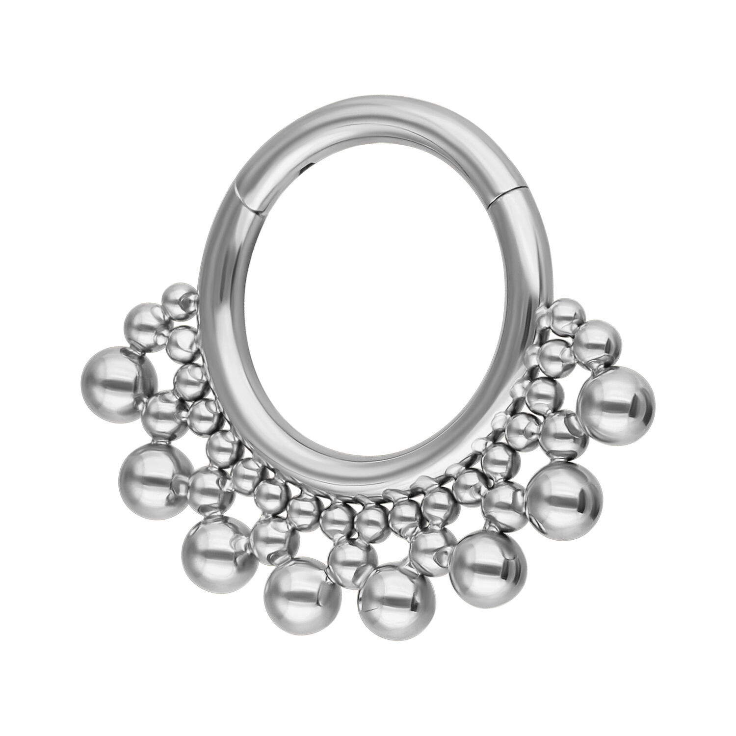 Clicker Piercing in Titanio Argento Bubble Clicker per setto in argento con design a bolle in titanio, su sfondo bianco