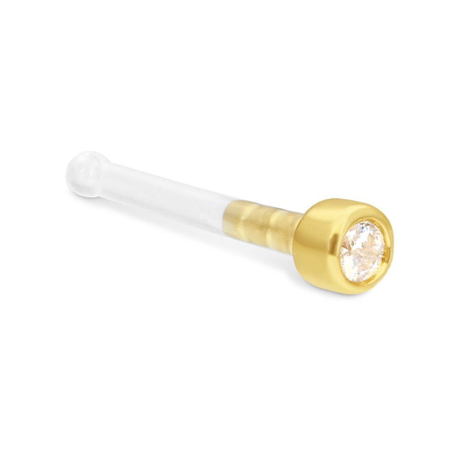 Piercing al naso in oro 18k con cristallo bianco Piercing al naso dorato con cristallo bianco su sfondo bianco