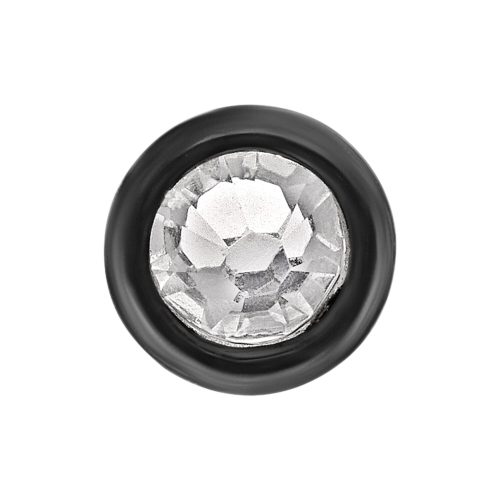 Accessorio rotondo in titanio nero con cristallo chiaro su sfondo bianco