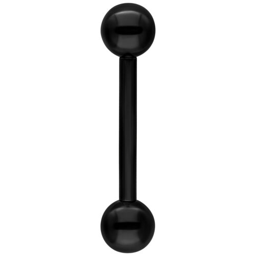 Barbell nero in titanio con due sfere, posizionato verticalmente su sfondo bianco