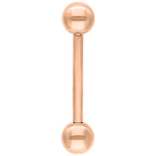 Piercing in oro rosa con due sfere, verticale su sfondo bianco