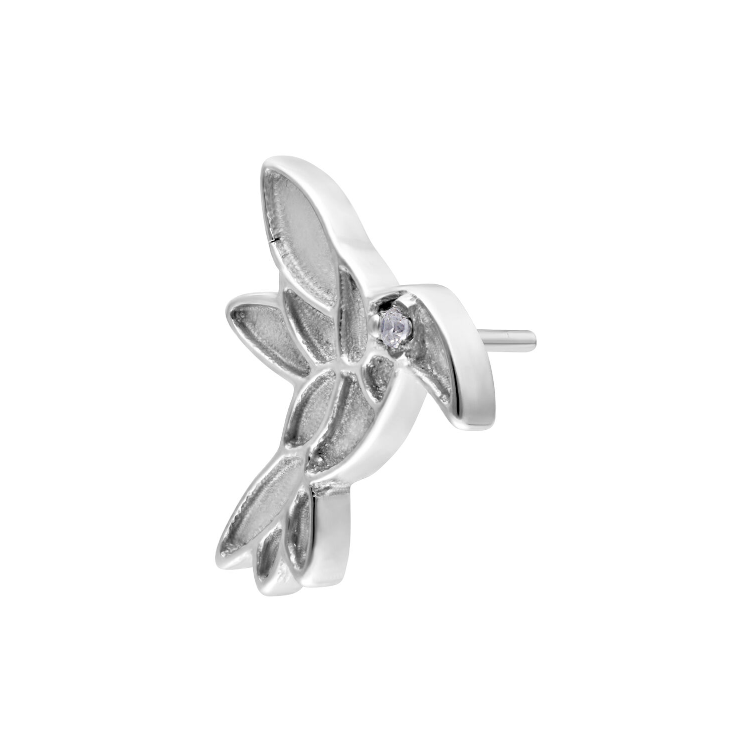 Accessorio colibrì argento con cristallo in vista laterale su sfondo bianco