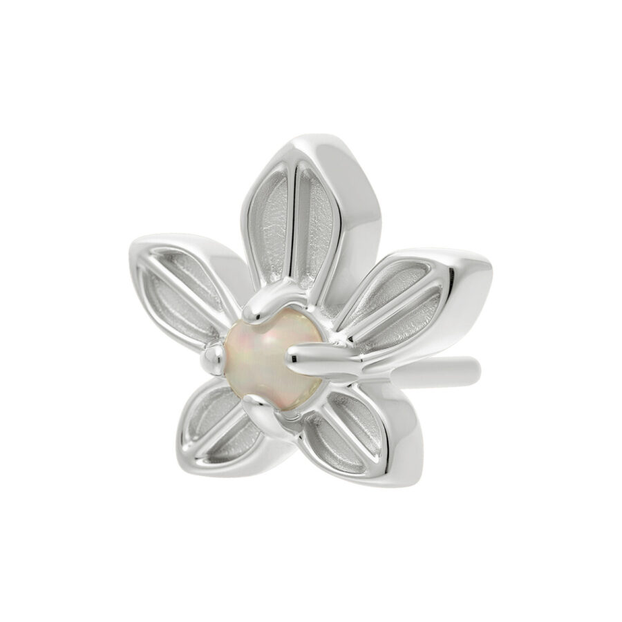 Accessorio piercing a forma di fiore in oro bianco con opale sintetico