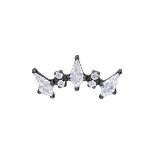 Accessorio piercing nero con cristalli chiari a forma di arco su sfondo bianco