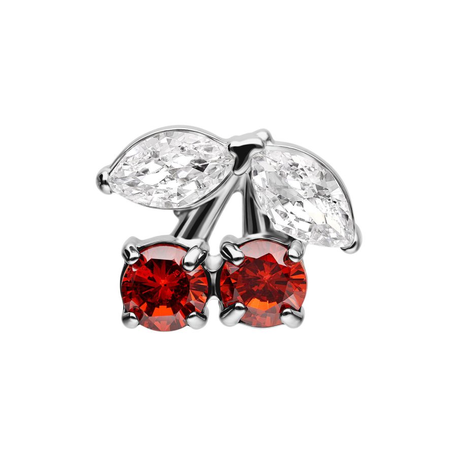 Decorazione piercing argento a forma di ciliegia con pietre rosse e chiare