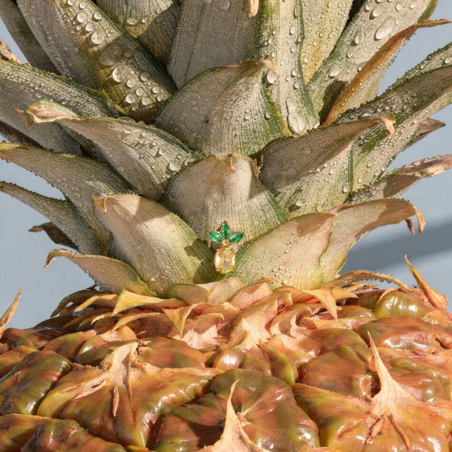 Primo piano di un attacco per piercing dorato a forma di ananas con foglie verdi, posizionato su un'ananas vera con gocce d'acqua
