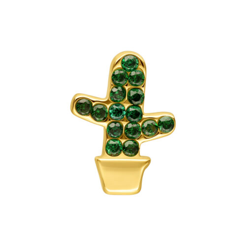 Accessorio per piercing a forma di cactus dorato con pietre verdi su sfondo bianco