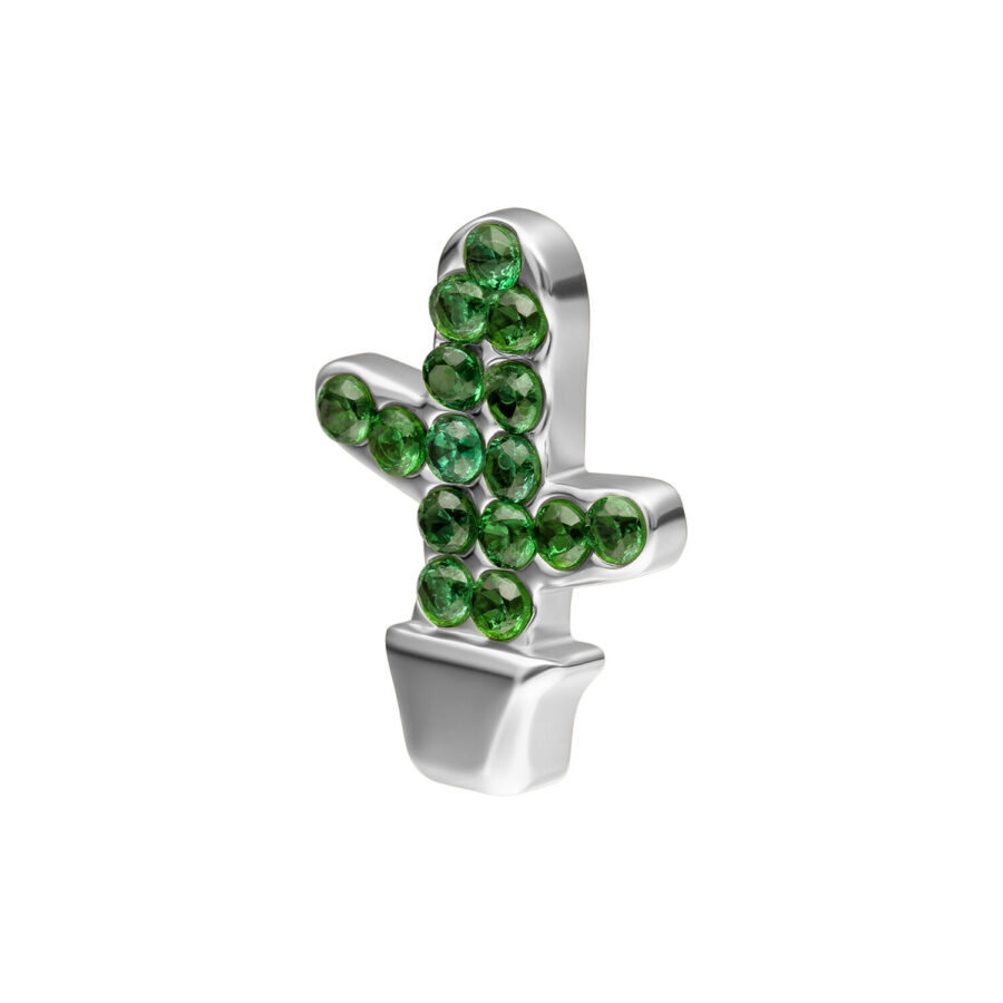 Accessorio per piercing a forma di cactus argento con pietre verdi su sfondo bianco