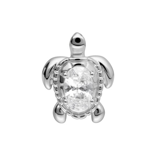 Accessorio tartaruga d'argento con cristallo ovale su sfondo bianco