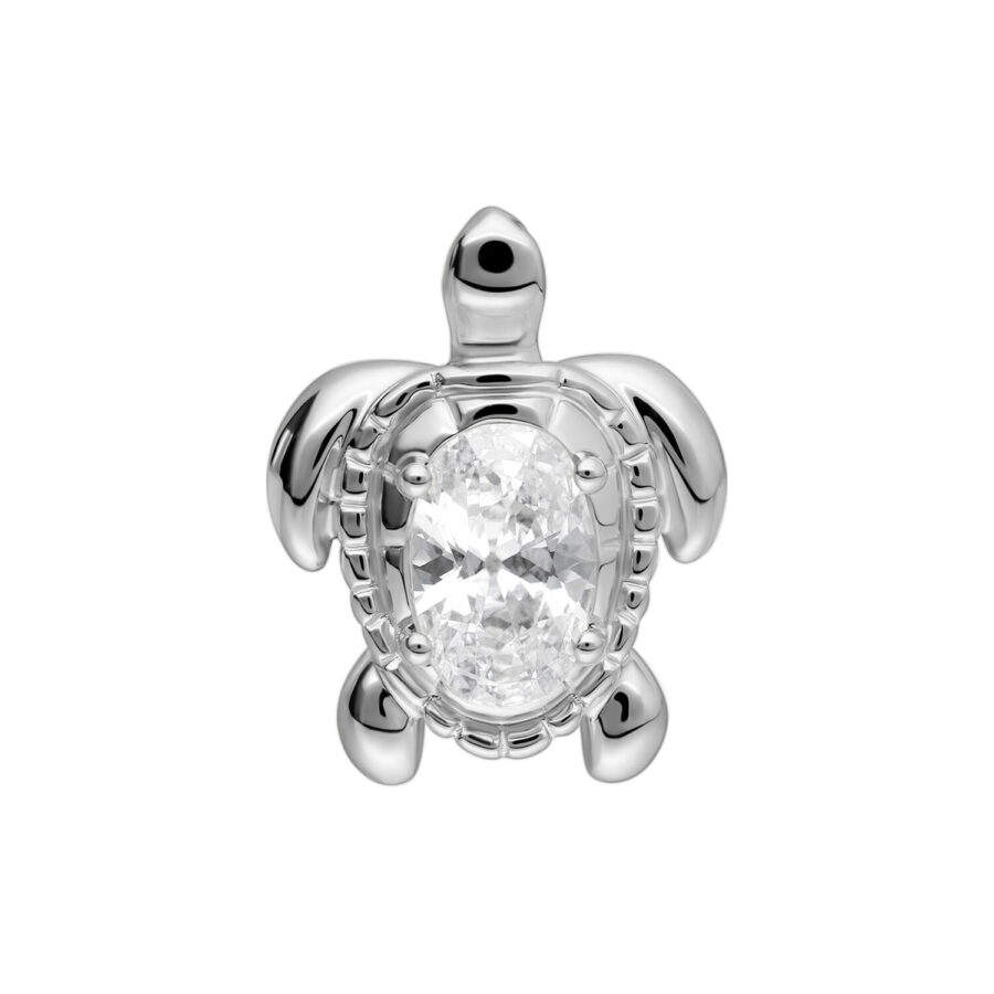 Accessorio tartaruga d'argento con cristallo ovale su sfondo bianco